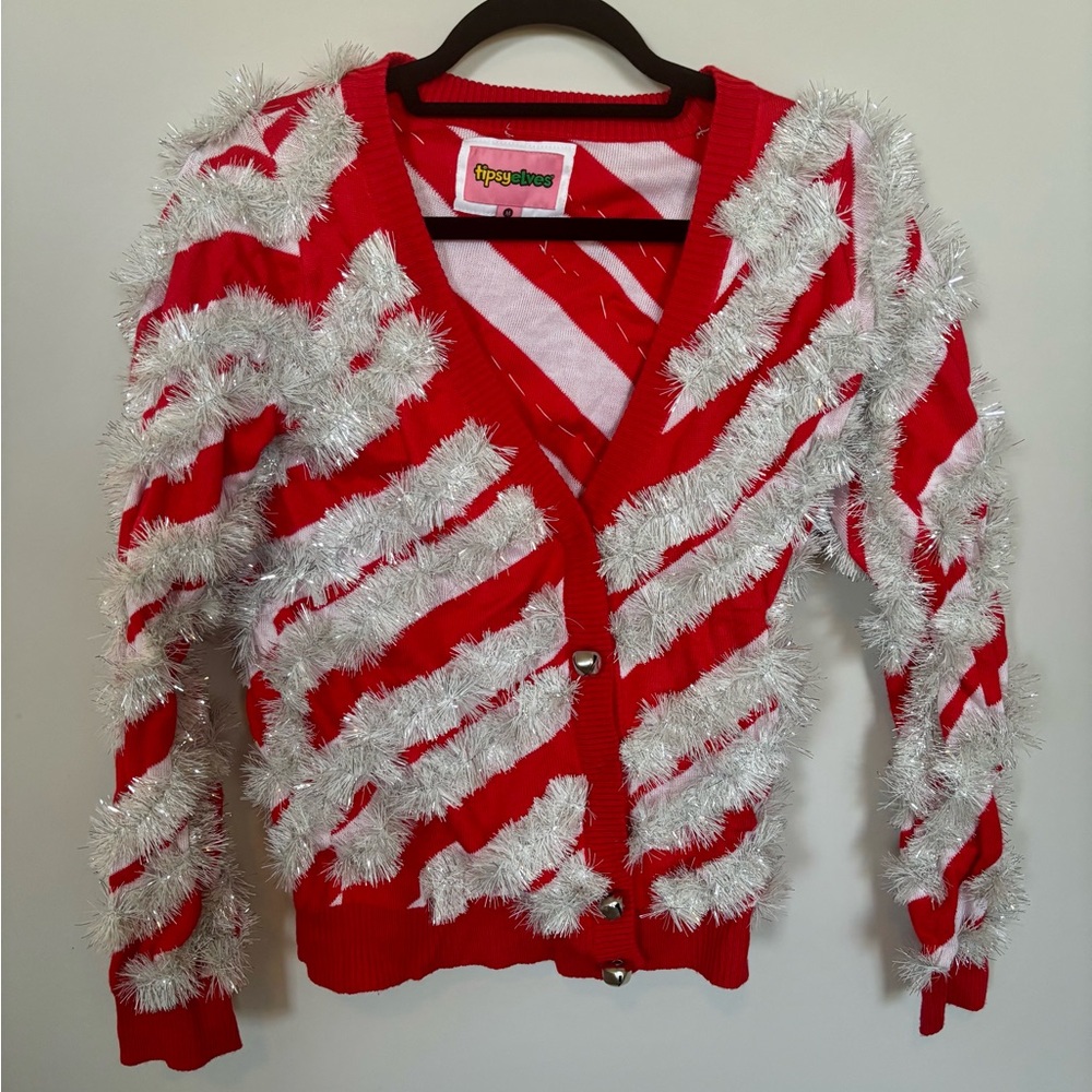 Tipsy Elves Red and White Tinsel Cardigan